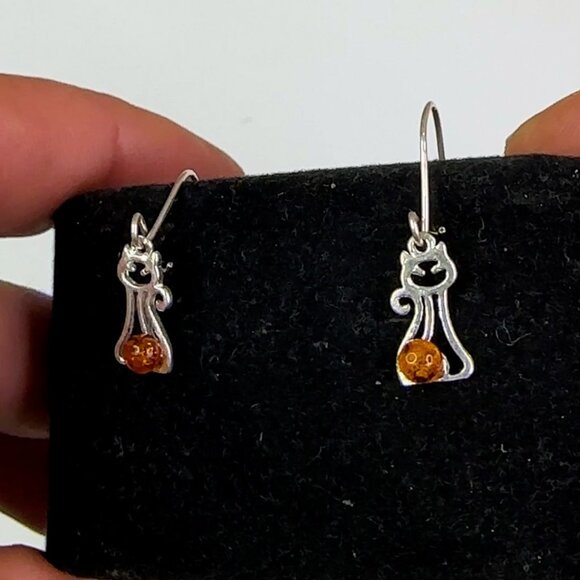Sterling Silver 925 Petite Baltic Amber Silver Kitten Earrings - Picture 7 of 12